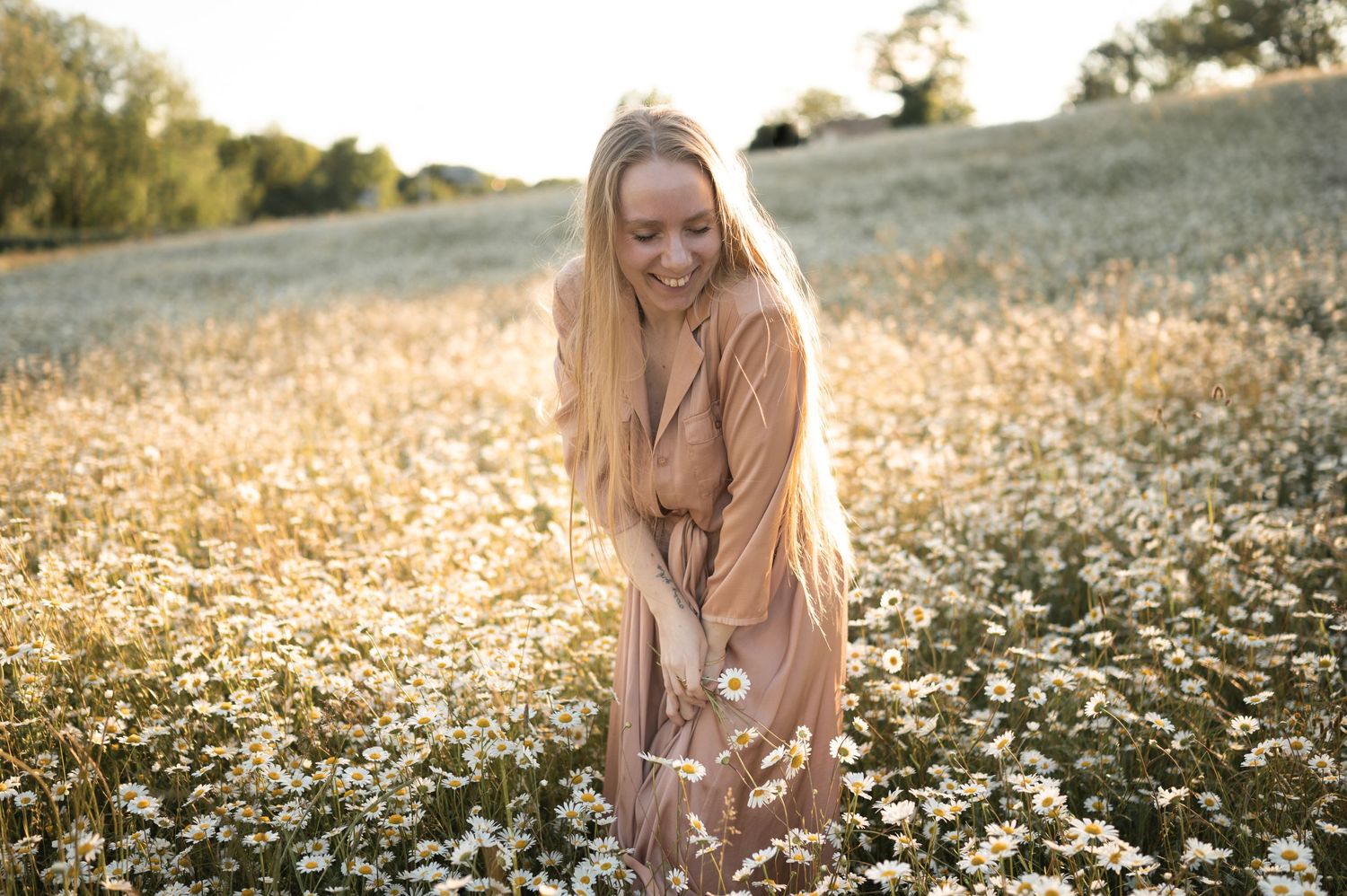Séance Photo portrait femme sauvage au couché du soleil dans un champ de marguerittes