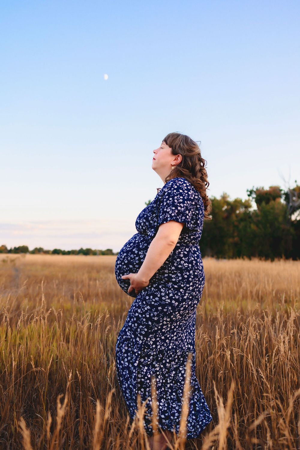A pregnant woman in a blue floral dress stands in a golden wheat field at sunset with the moon visible in the sky.