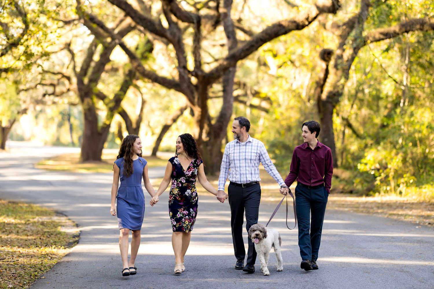 People walking together on a tree-lined path during golden sunset hour in a park.