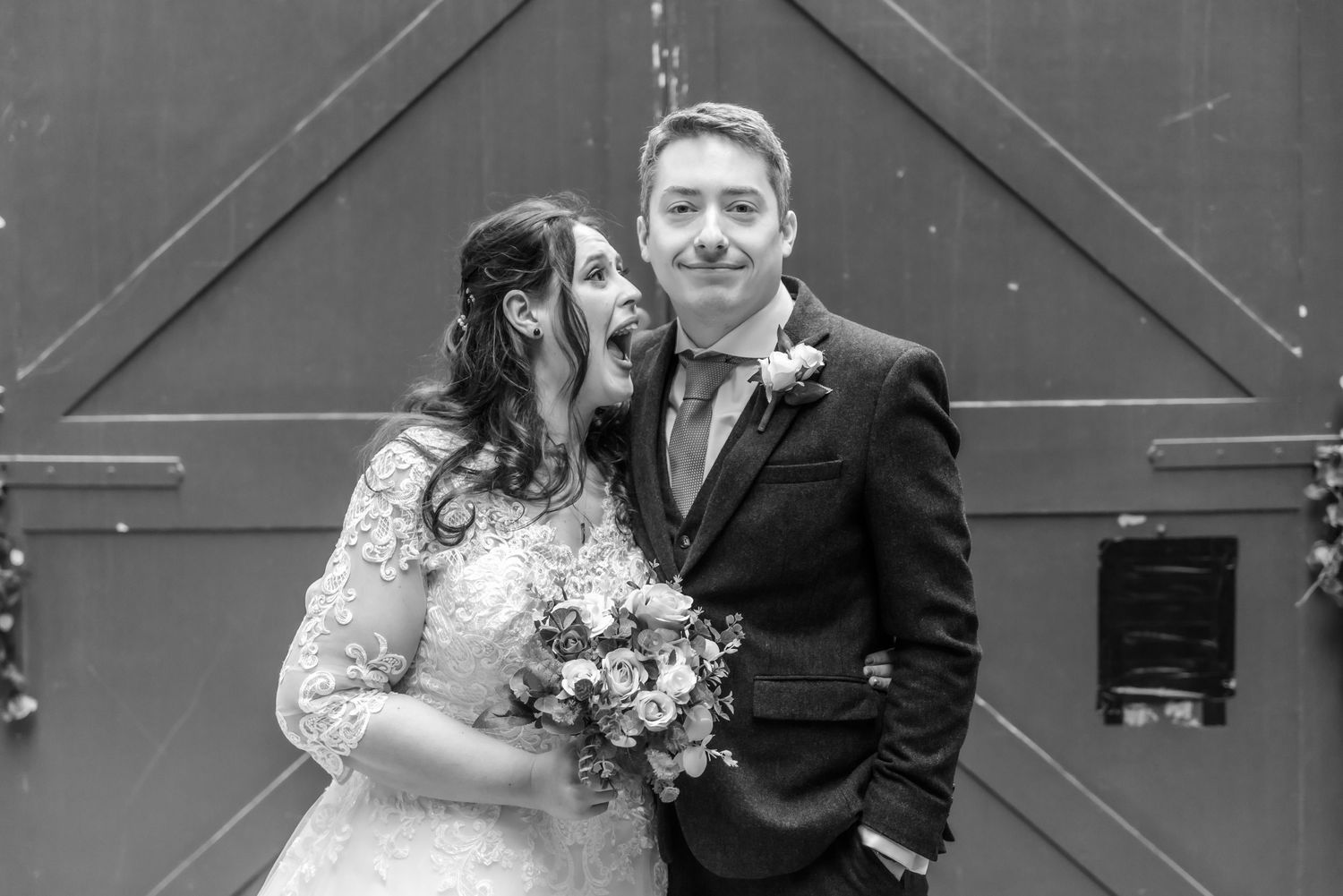 A joyful black and white wedding photo collage showing candid moments between a couple on their special day.