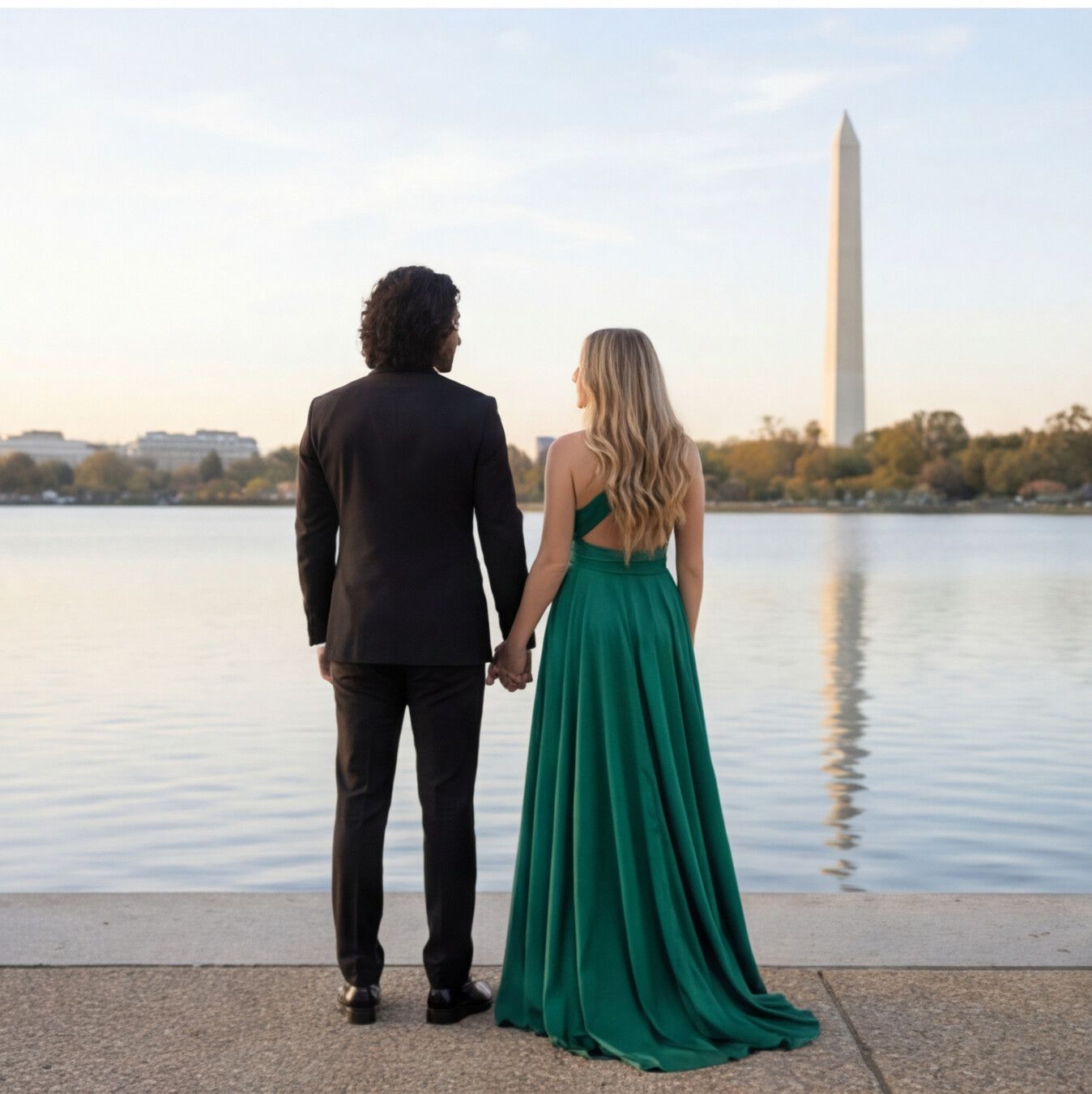 Couple in formal attire stands by reflecting pool with Washington Monument in distance during golden hour. Flying Dress Photoshoot