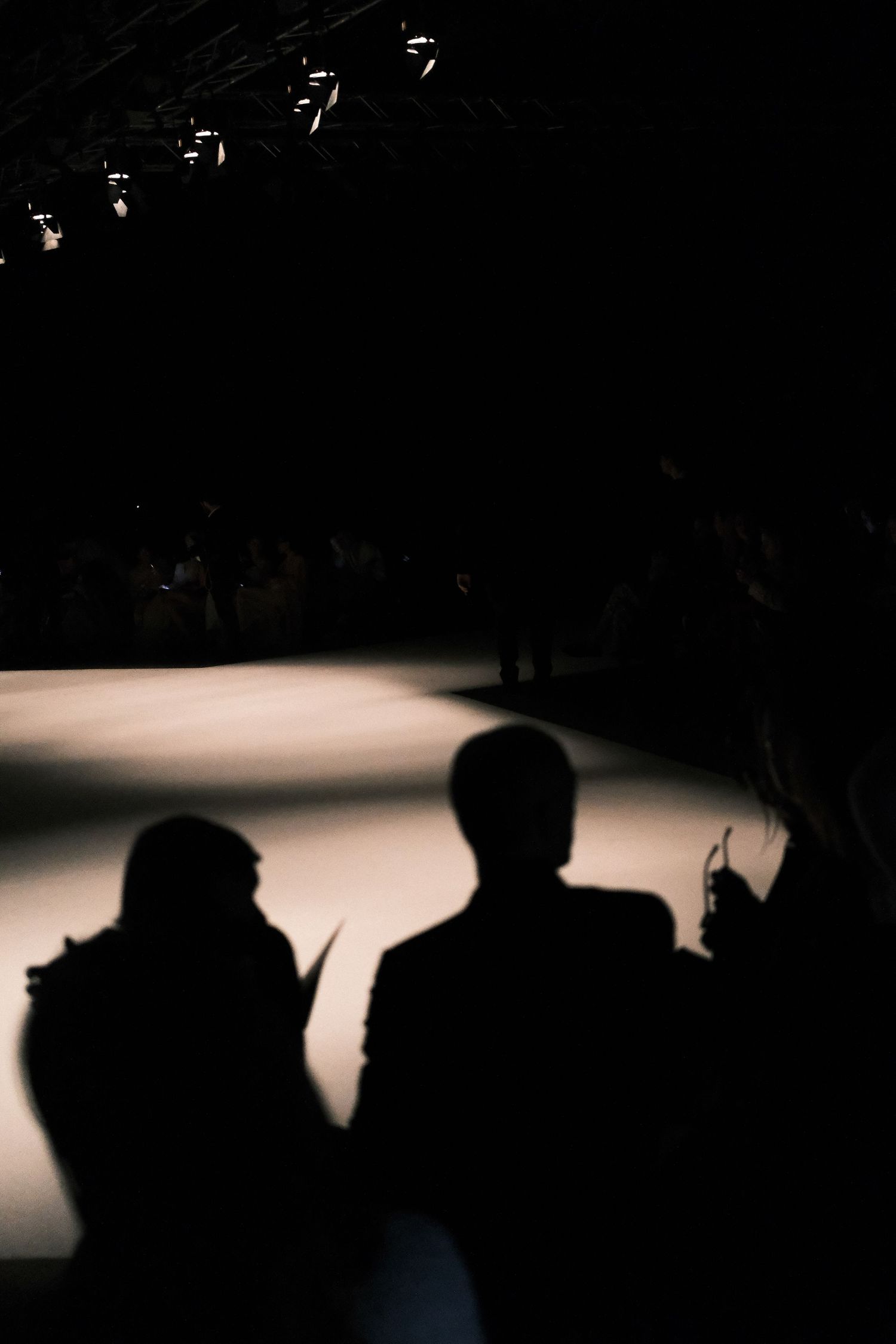 Silhouettes of audience members watching a dimly lit stage with spotlights overhead in a dark theater.