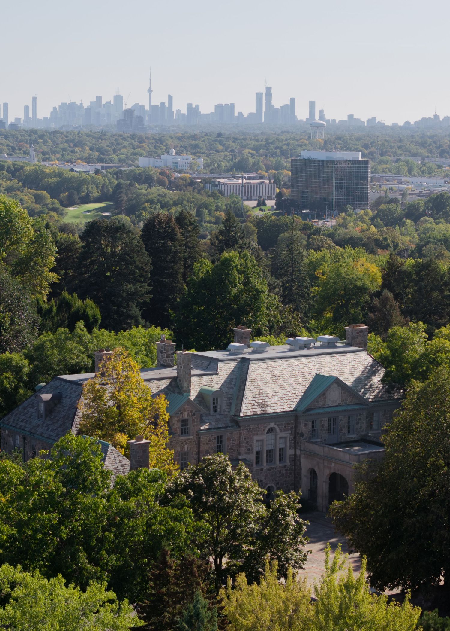 Panoramic view of Toronto's skyline and urban landscape seen through trees from an elevated vantage point.