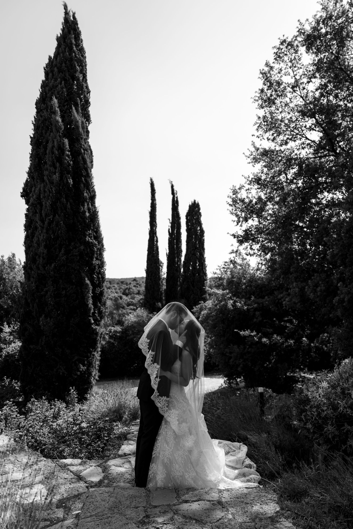 Black and white photo of bride and groom kissing under veil, surrounded by cypress trees in a garden.