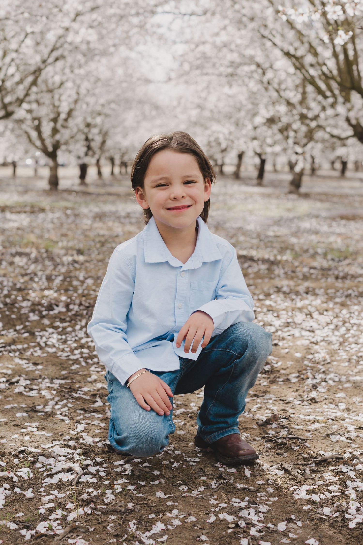 A young child kneels in a blooming almond orchard with fallen petals scattered on the ground during springtime.