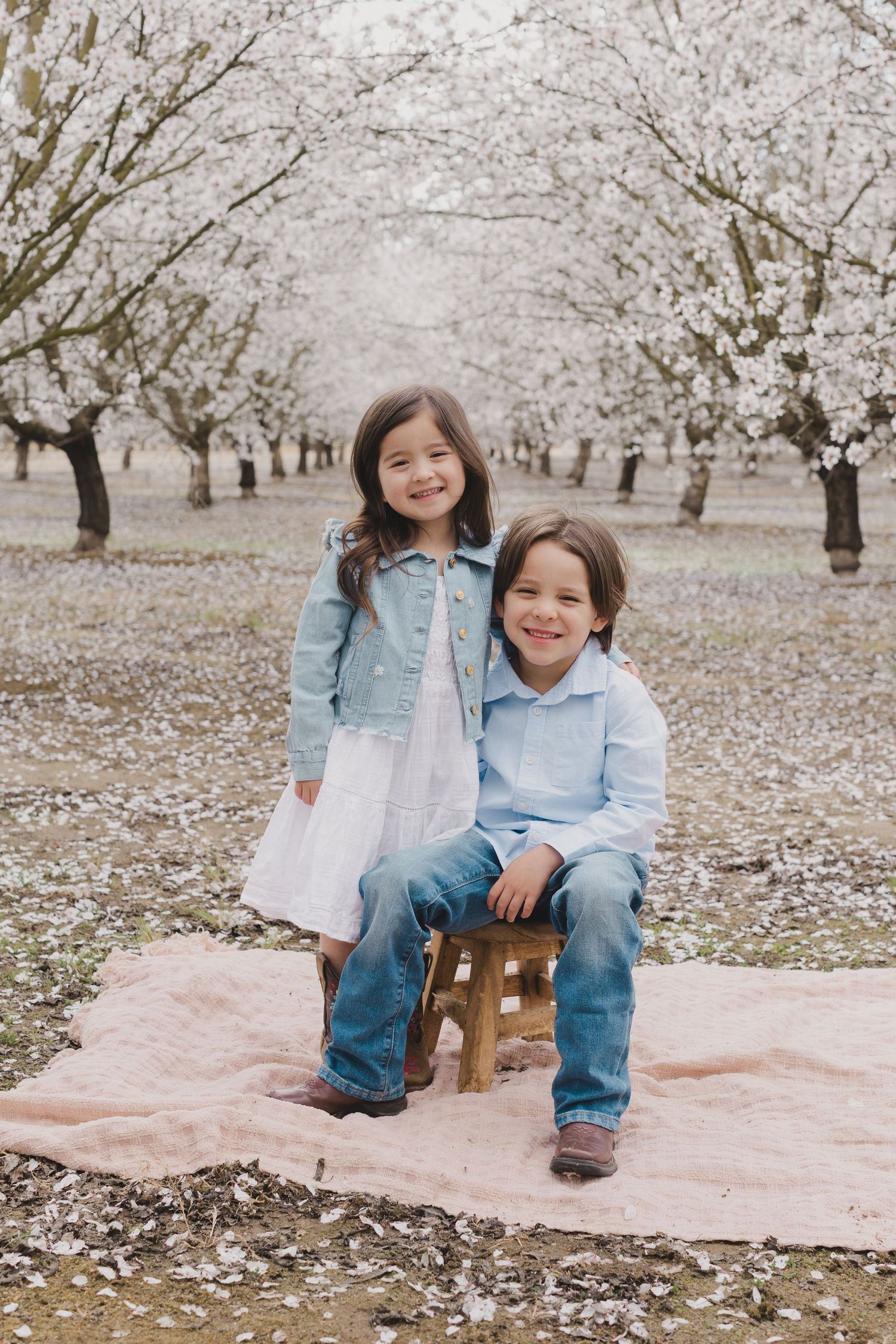 Two children sitting on a pink blanket in a blooming spring orchard with white cherry blossoms.