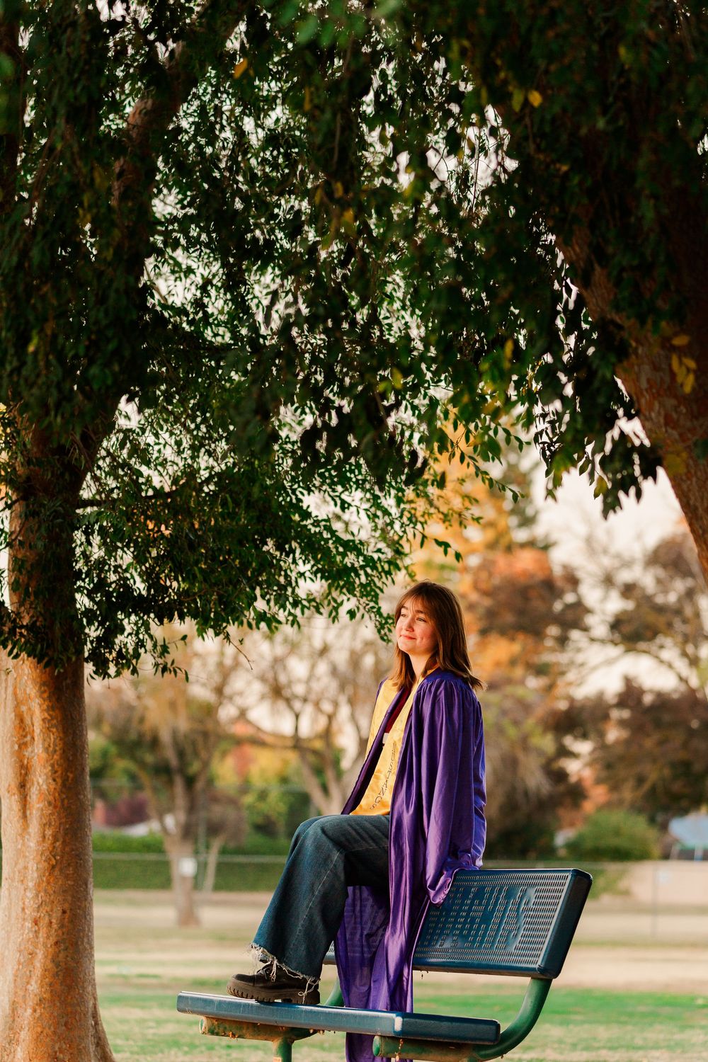 Graduate in blue graduation gown standing on park bench under tree canopy during golden hour.