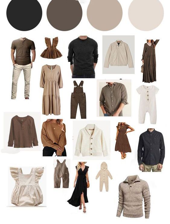 A neutral color palette of clothing items featuring browns, beiges, and blacks arranged in a collage style display.