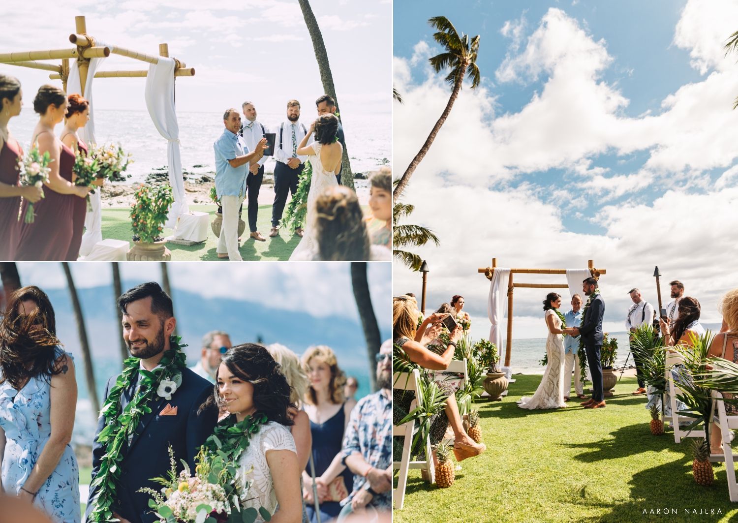 Outdoor wedding ceremony setup with white arch and tropical palm trees against blue sky.