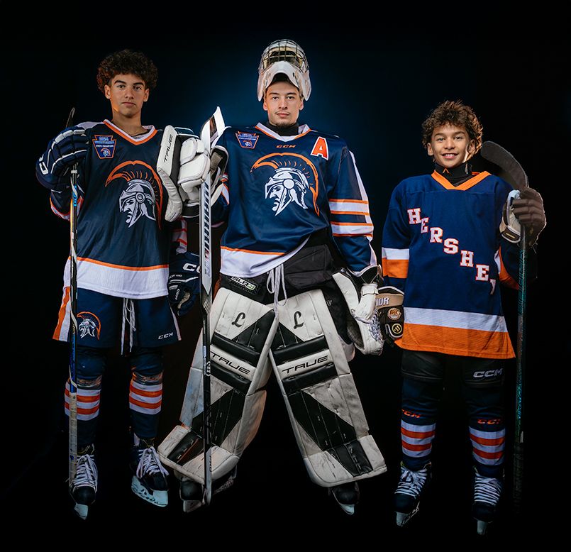 Dramatic media day portrait of three Hershey Trojans hockey siblings, by Deanna Fox, SportsFox Photography, Hershey PA
