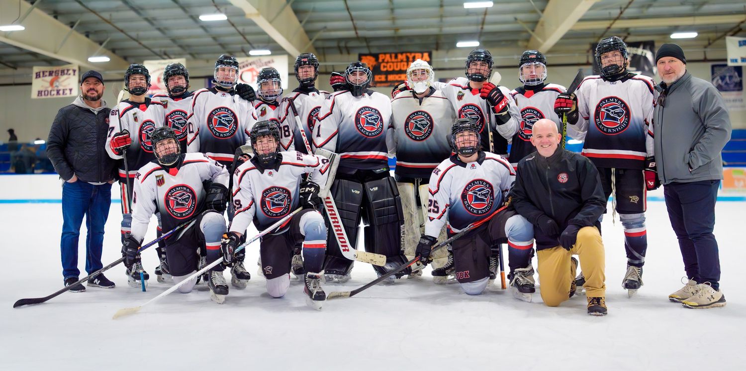 Palmyra Black Knights ice hockey team photo on senior night, by Deanna Fox, SportsFox Photography, Hershey PA