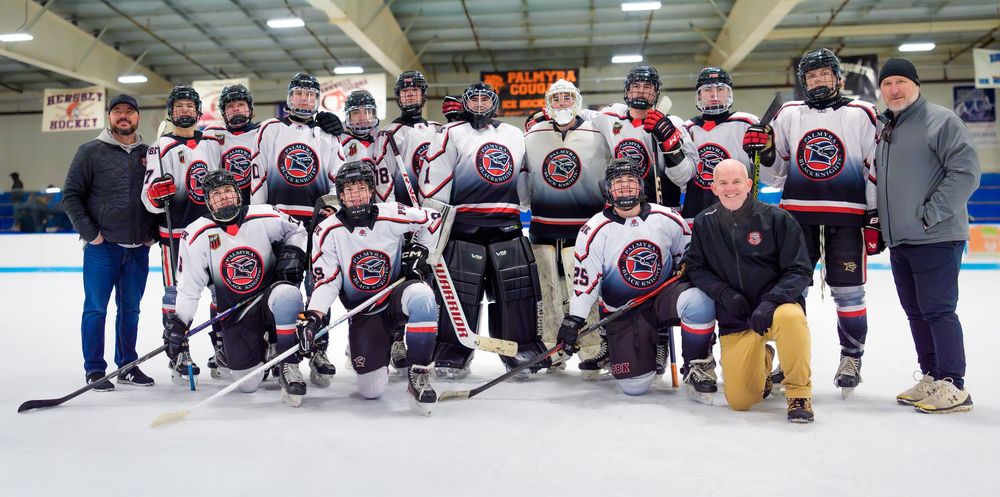 Palmyra Black Knights ice hockey team photo on senior night, by Deanna Fox, SportsFox Photography, Hershey PA