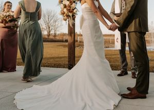 A row of wedding photographs showing close-ups of wedding dresses and couples standing together outdoors at sunset.