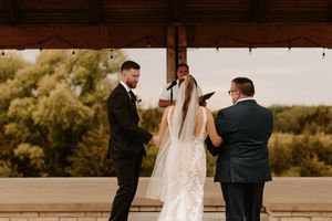 A series of wedding photos showing couples during an outdoor ceremony at sunset.