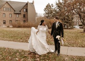 A sepia-toned wedding photo collage showing romantic moments between a couple in an autumn outdoor setting.