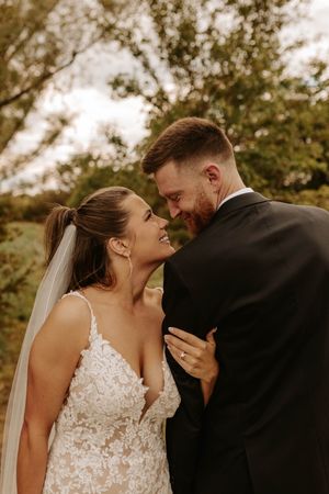 A romantic sequence of wedding photos showing tender moments between a bride and groom in an outdoor setting.