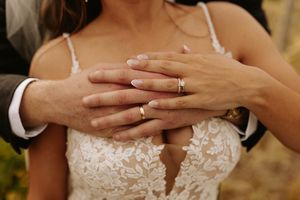 Close-up detail of hands wearing wedding rings against a white lace dress.