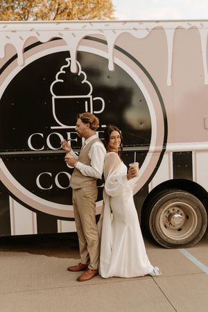 A vintage-style wedding photo series showing a couple posing in front of a coffee truck.