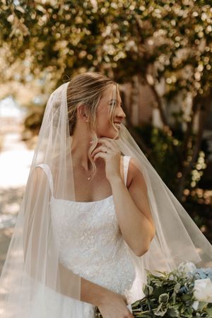 Artistic series of bridal portraits showing elegant white dress and veil in golden outdoor lighting.