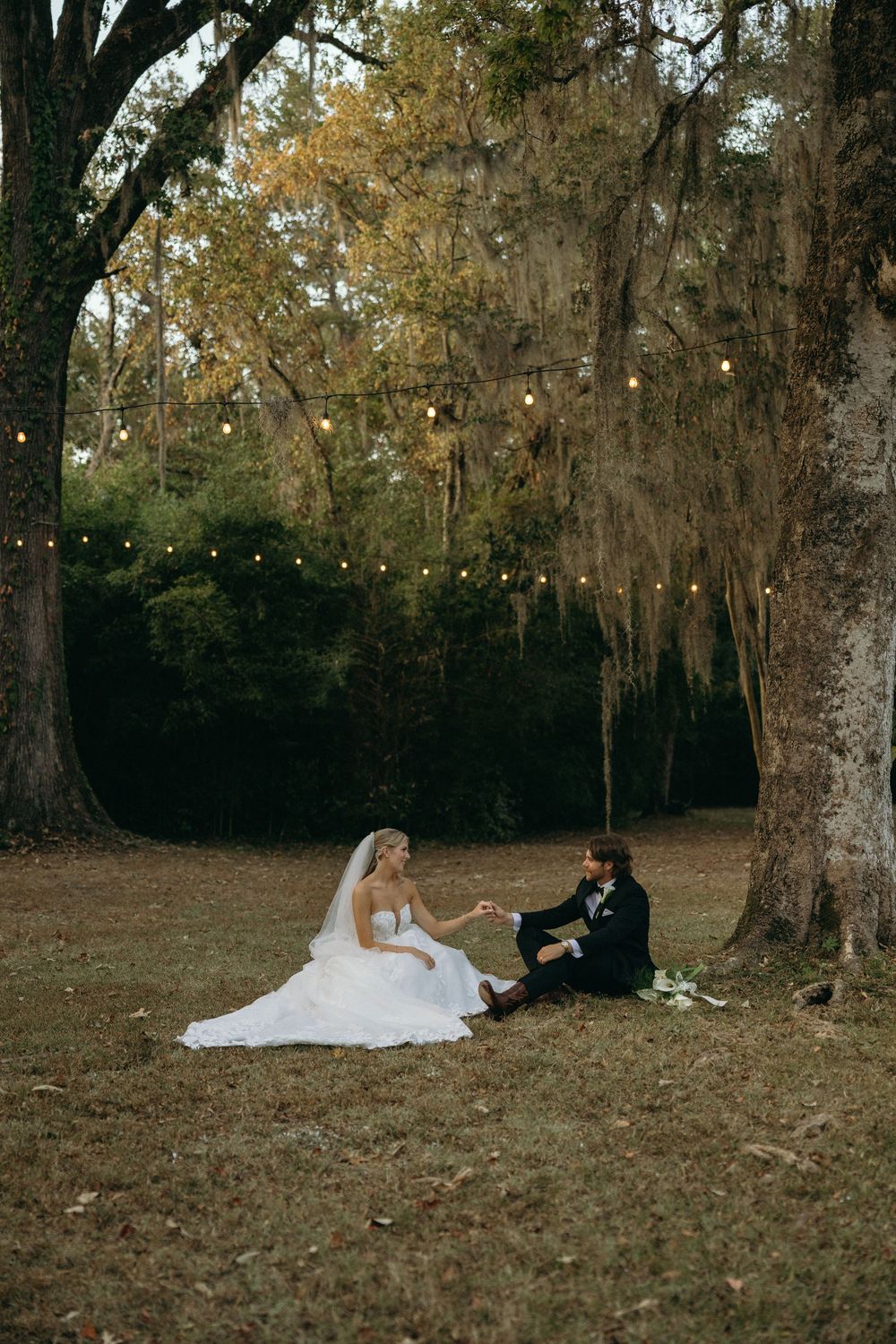 Bride and groom portraits under the spanish moss trees at The Elms of Coosada in Coosada, Alabama