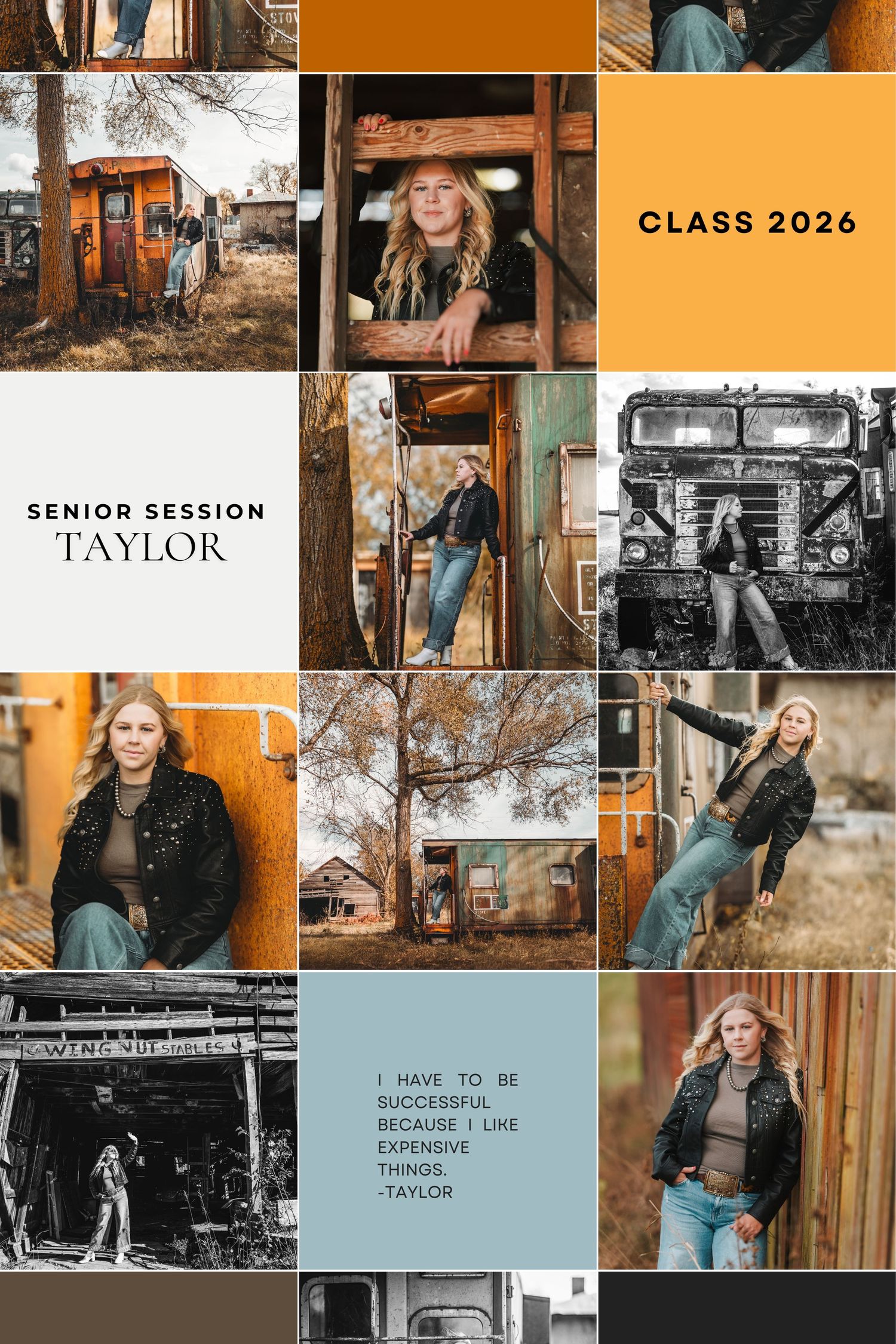 A stylish senior photo collage featuring outdoor and urban settings with autumn tones and orange accents.
