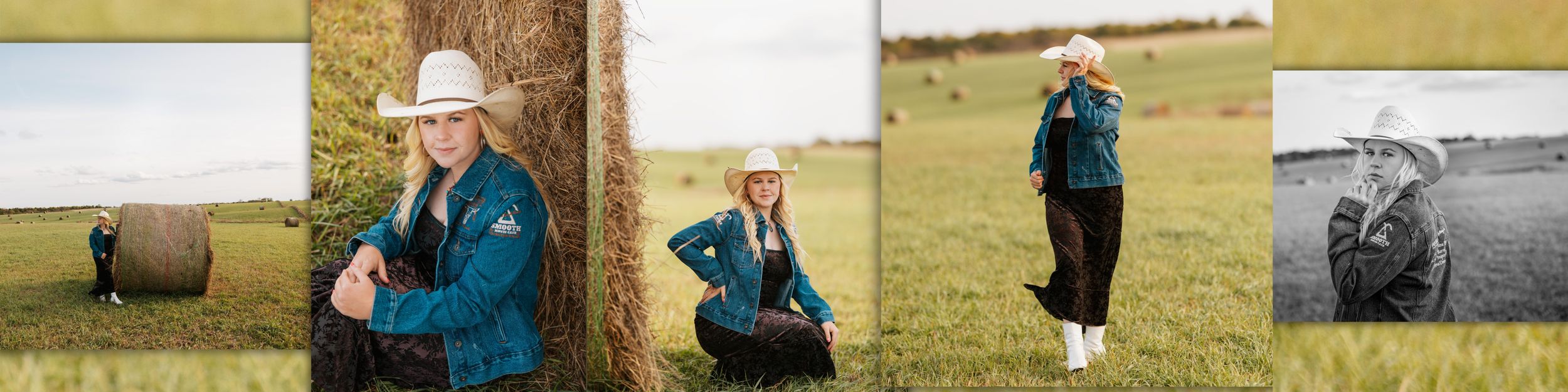A collection of outdoor engagement photos showing a couple embracing in a rustic field setting at sunset.