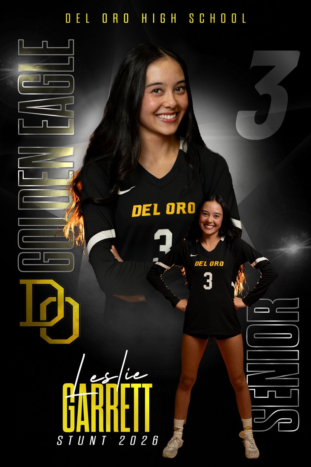 The image shows a young woman in a black sports jersey with the number 3 on it, smiling and standing on a sports field.