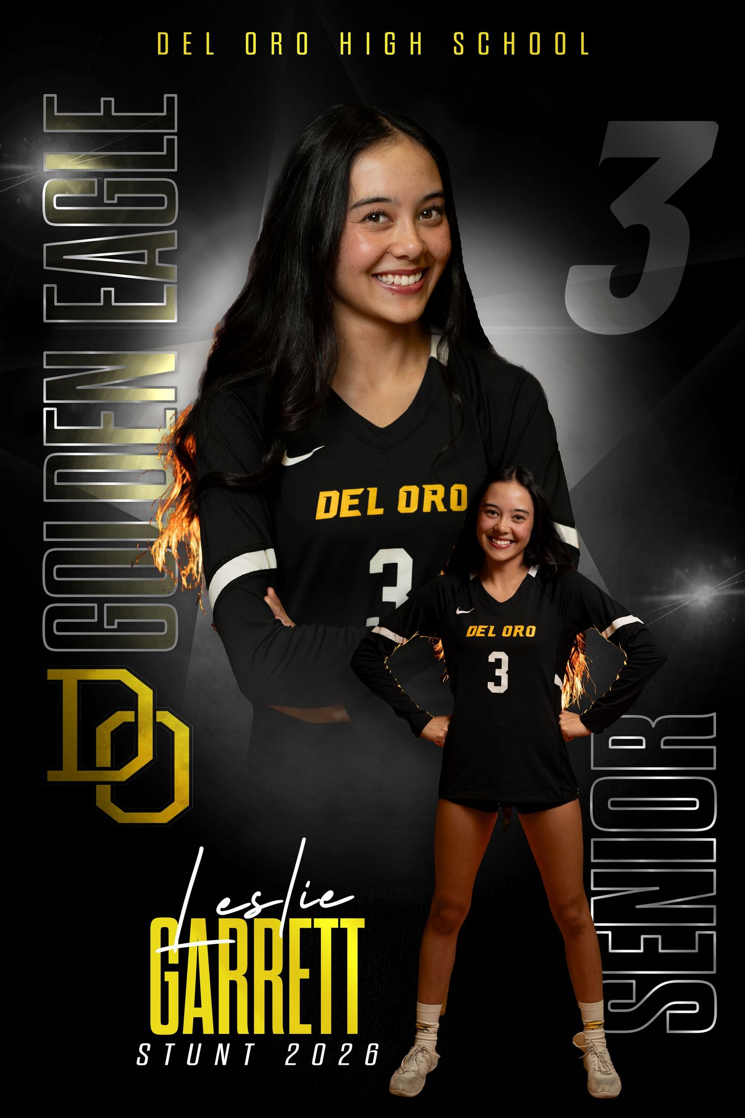 The image shows a young woman in a black sports jersey with the number 3 on it, smiling and standing on a sports field.