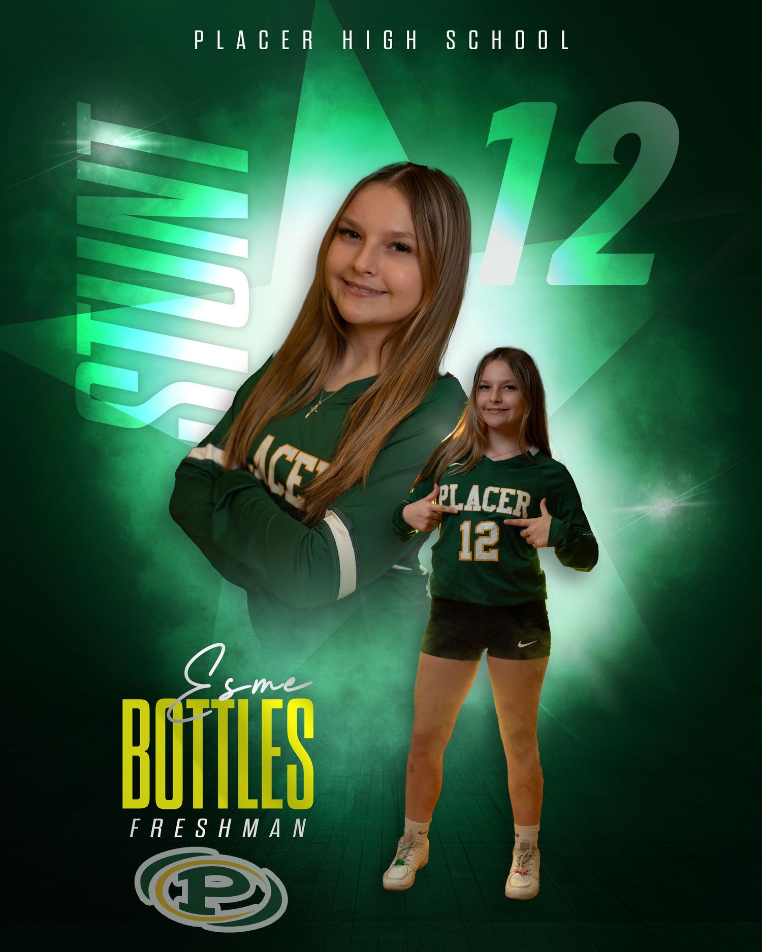 High school athlete poses in green sports uniform against dramatic green lighting for team photo session.