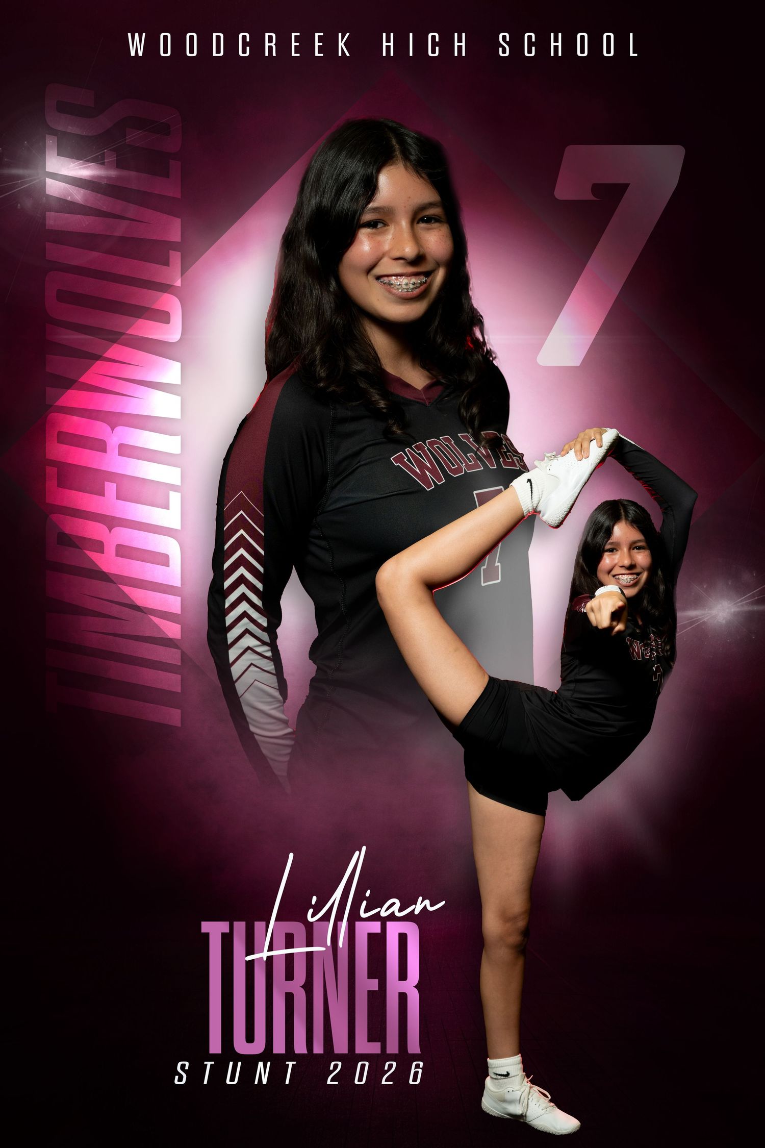 Woodcreek High School sports photo series with dramatic purple lighting and text overlays.