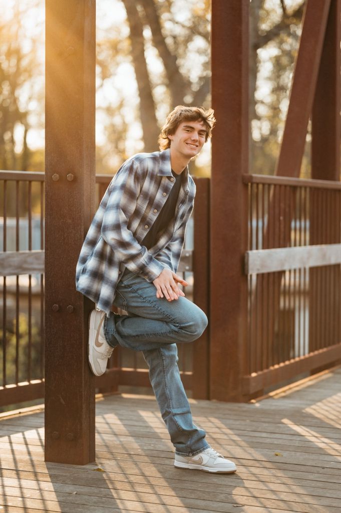 Series of casual poses on a wooden deck during golden hour lighting.