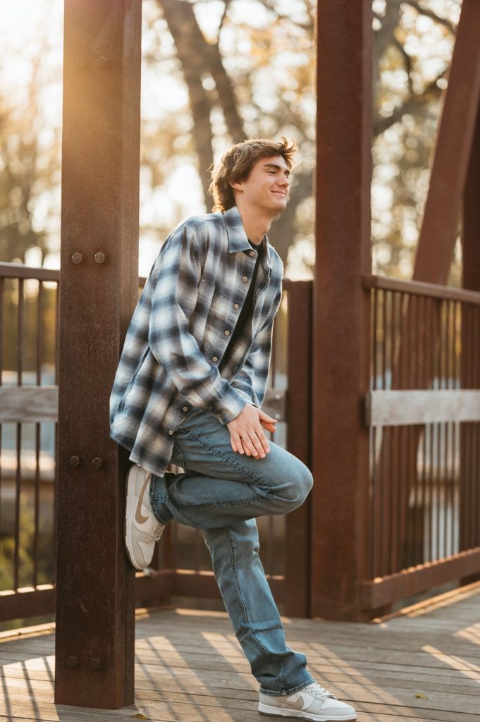 Multiple angles of someone sitting and posing on a wooden deck with sunlit trees in background.
