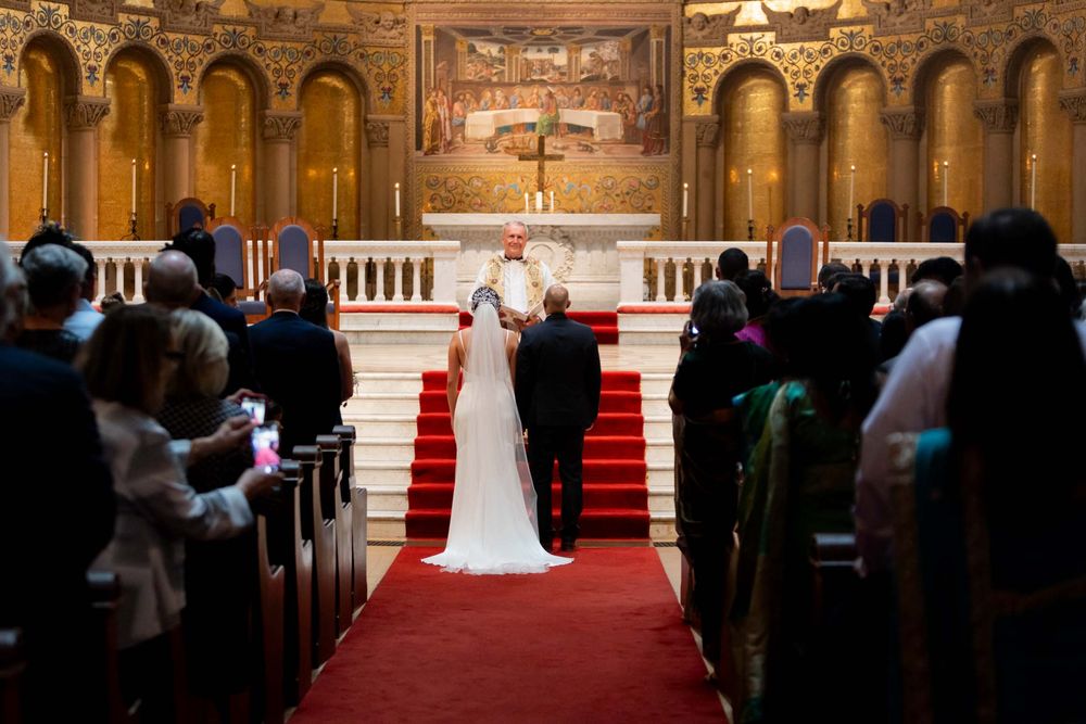 A series of photos showing a traditional church wedding ceremony with guests seated in wooden pews.