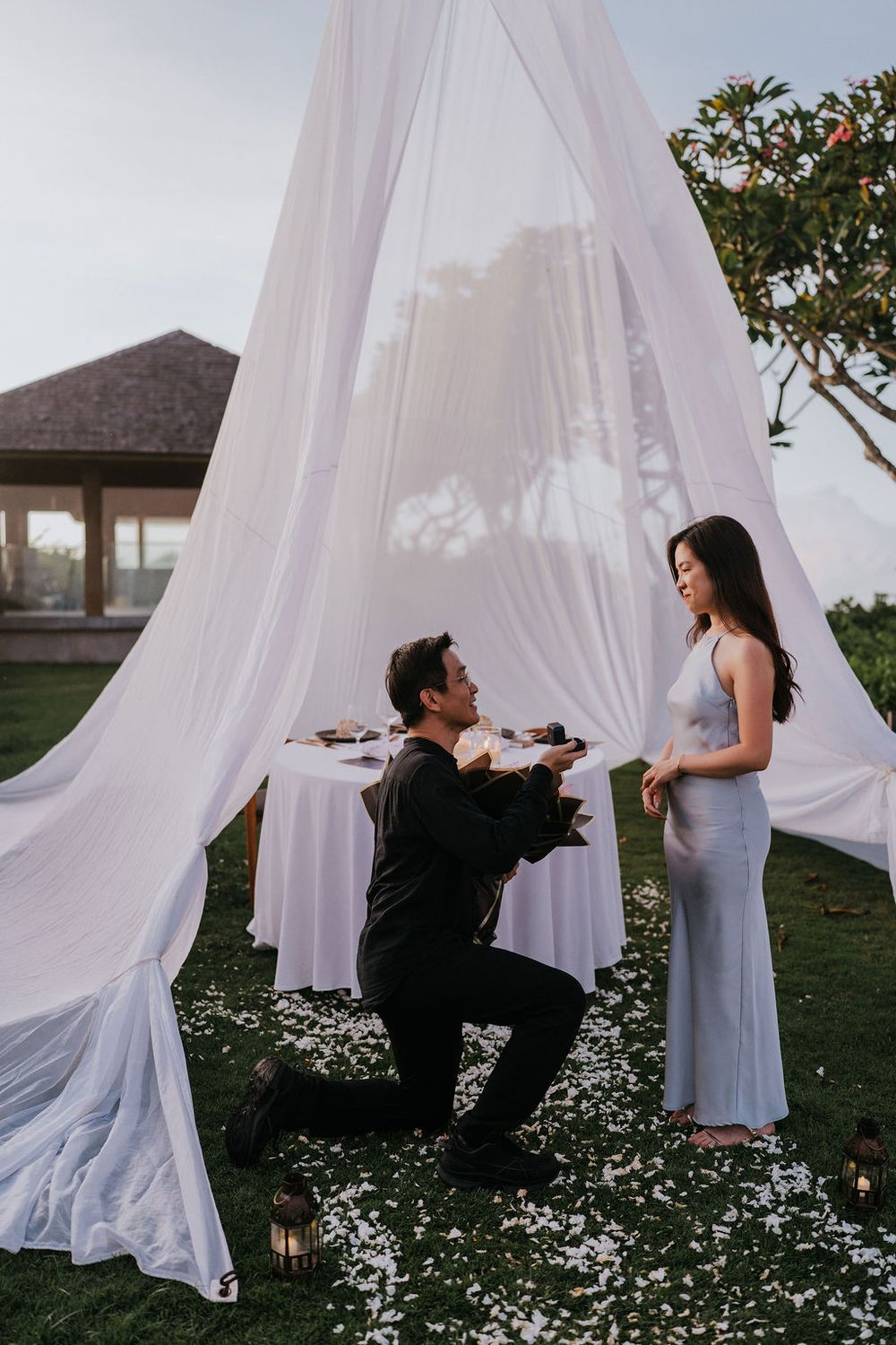 Romantic Bali photoshoot services for engagement moments at Maya Sanur.