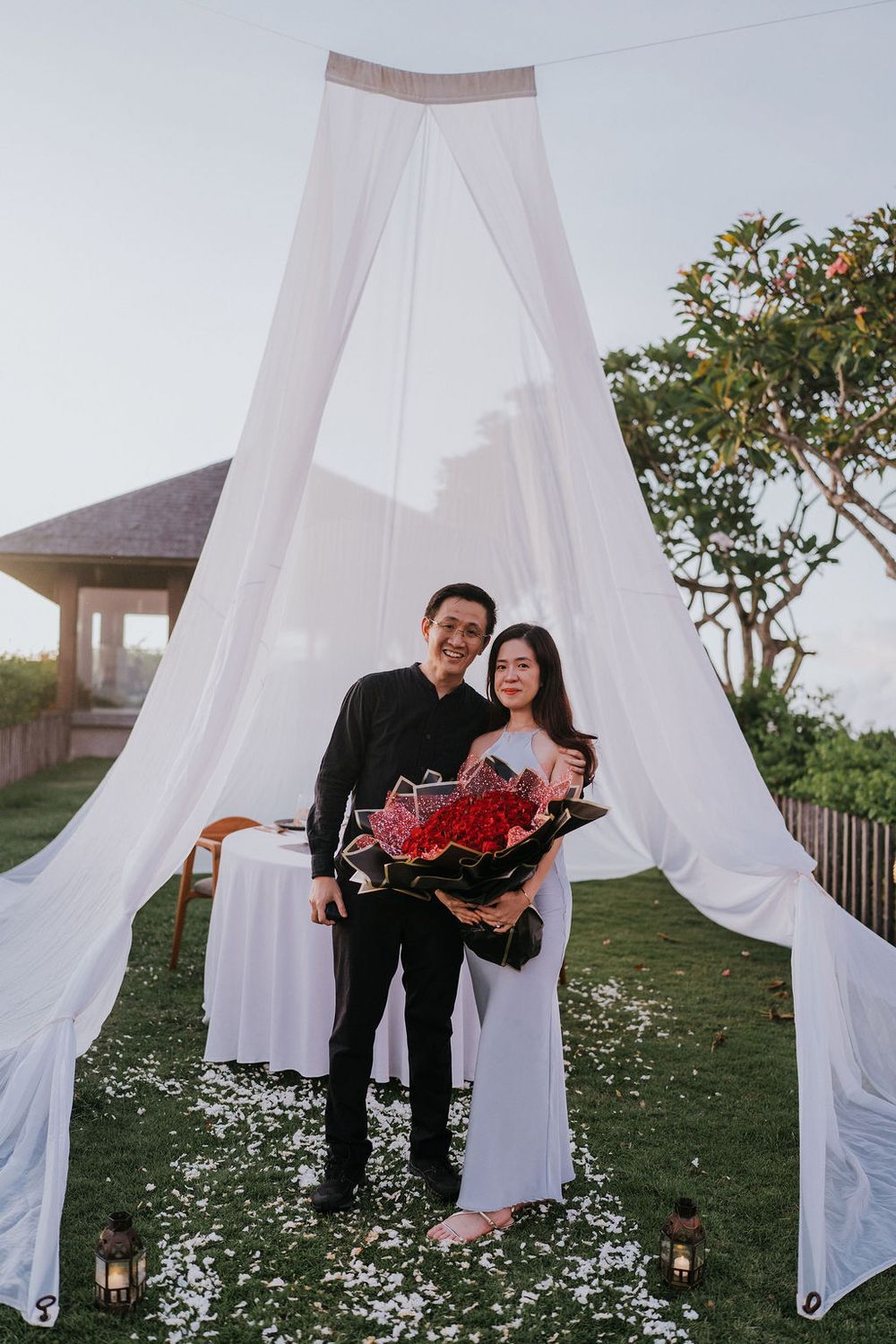 Romantic Bali photoshoot services for engagement moments at Maya Sanur.