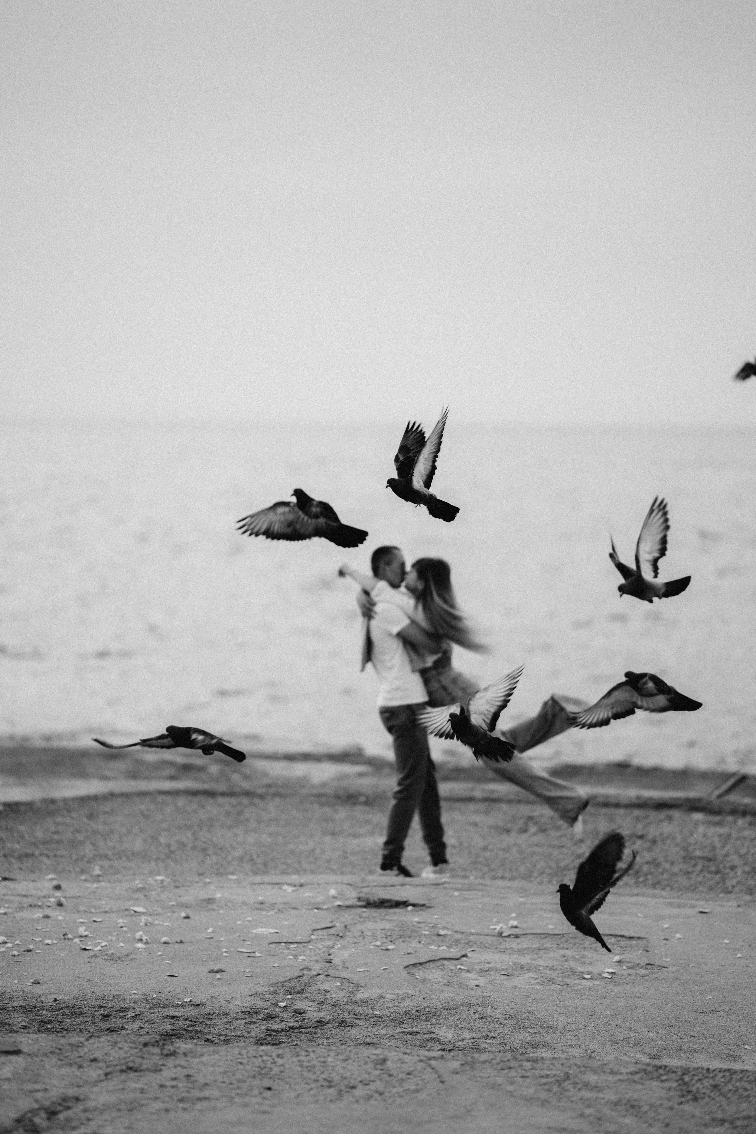 Black and white photo of couple embracing with pigeons flying nearby.