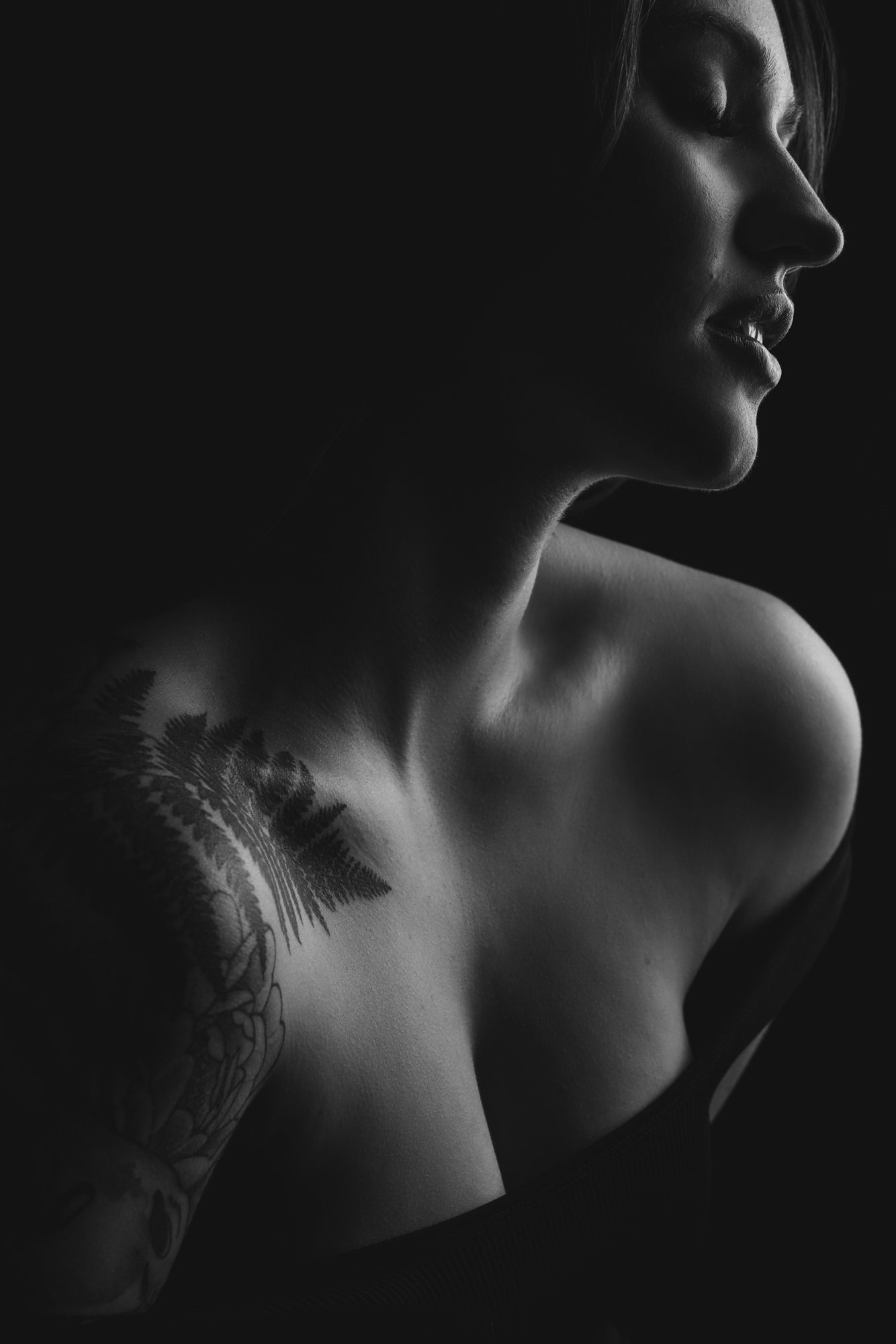 Artistic black and white portrait series showing silhouetted profile views with dramatic shadows and lighting.