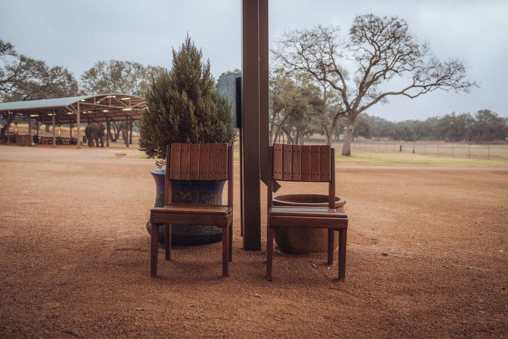 A rustic wooden shelter with benches stands in a dry outback landscape under cloudy skies.