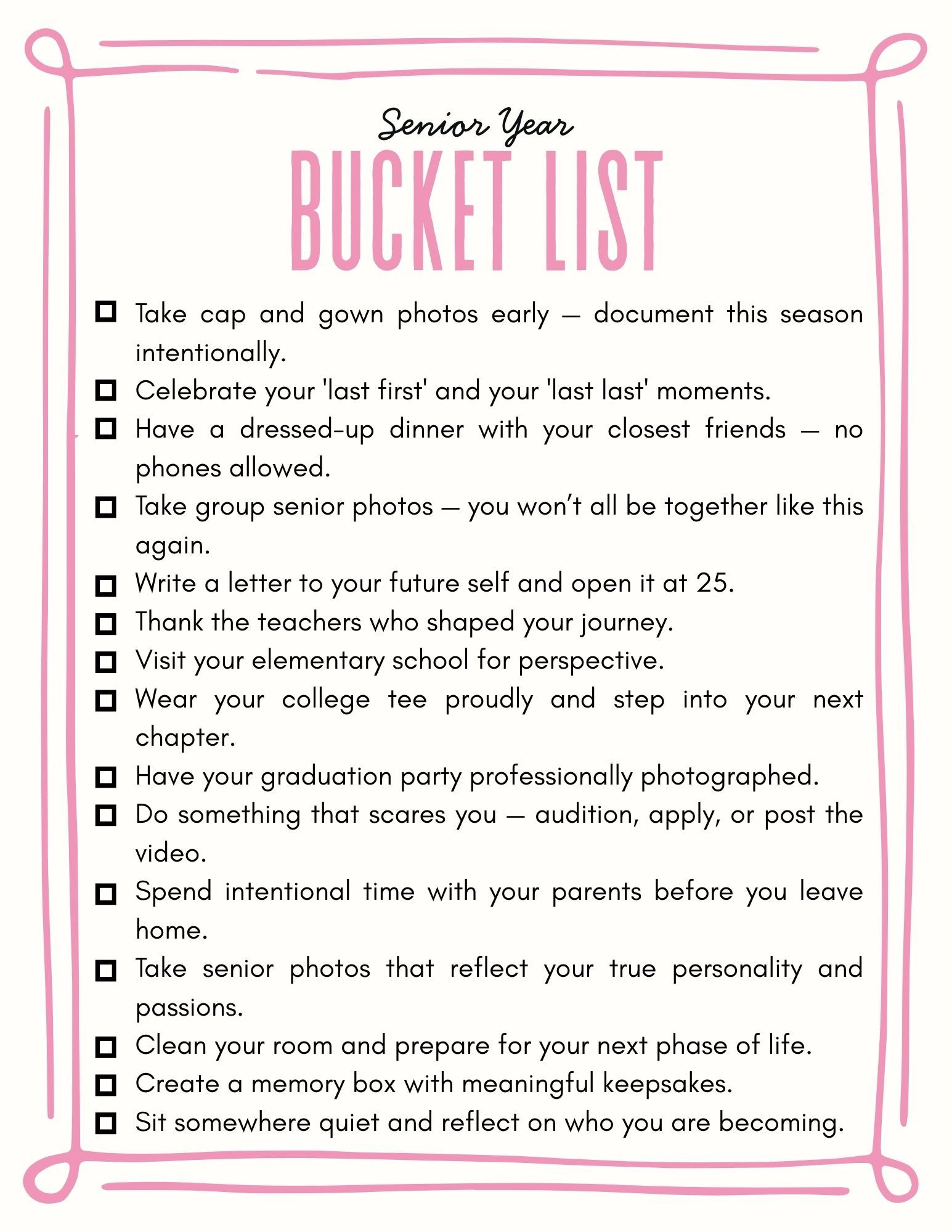 A pink-bordered bucket list checklist showing senior year activities and graduation milestones to accomplish.