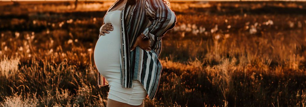 Maternity portrait in warm sepia tones with natural landscape.