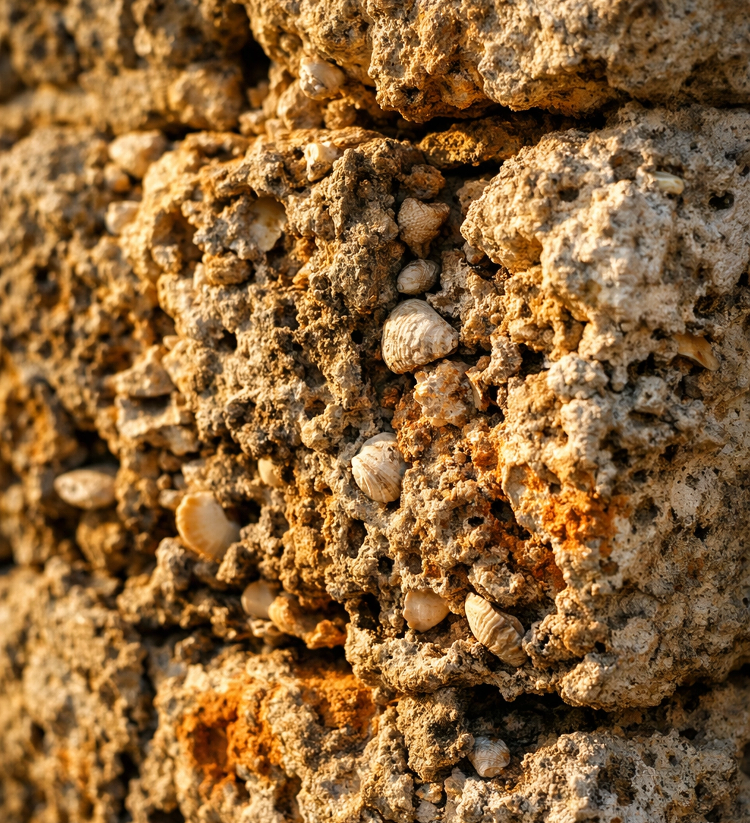 Close-up of shell-filled coquina stone used to construct historic forts and buildings in St. Augustine, Florida