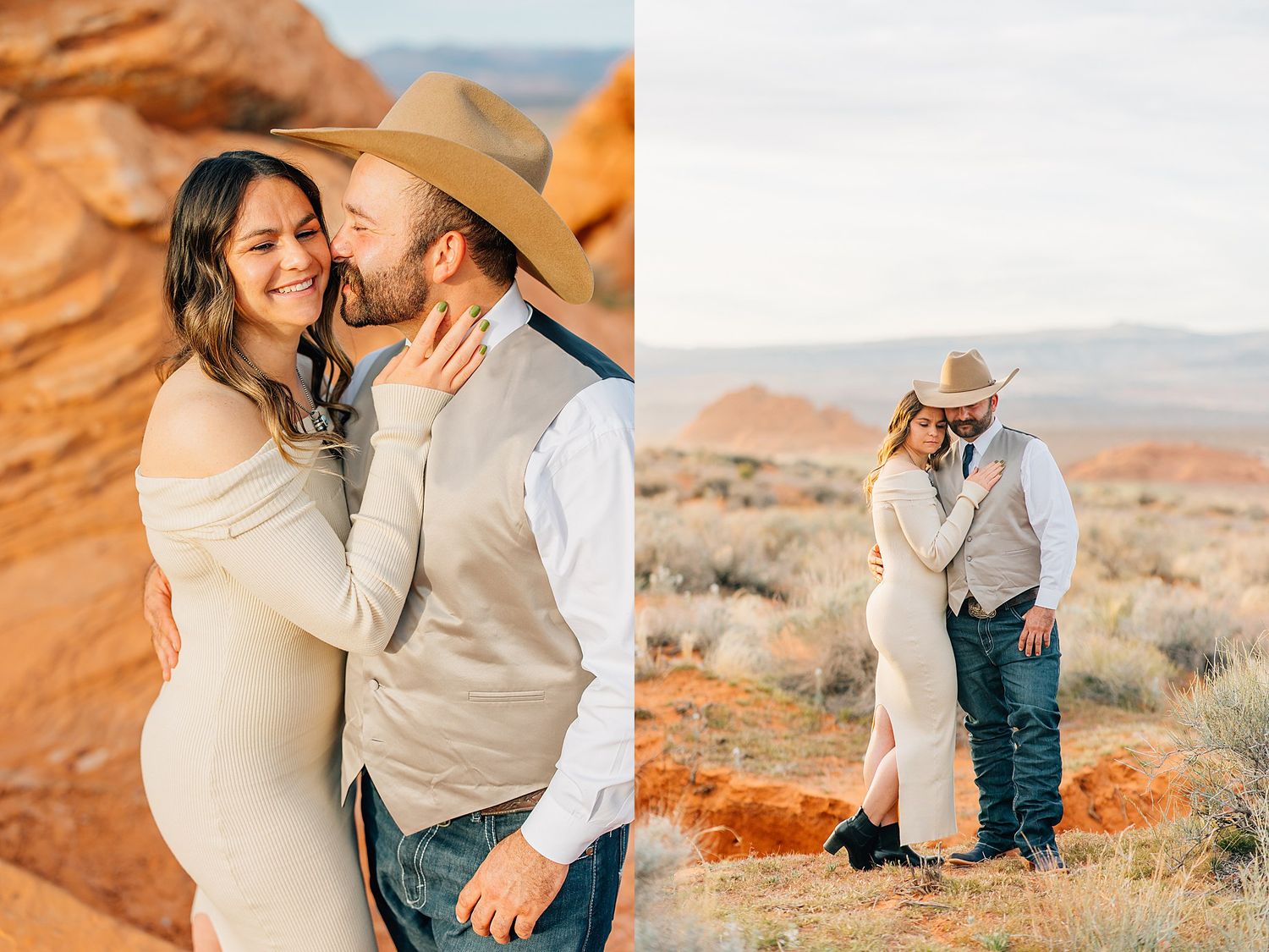 A romantic couple embraces against red rock formations in a desert landscape at sunset.