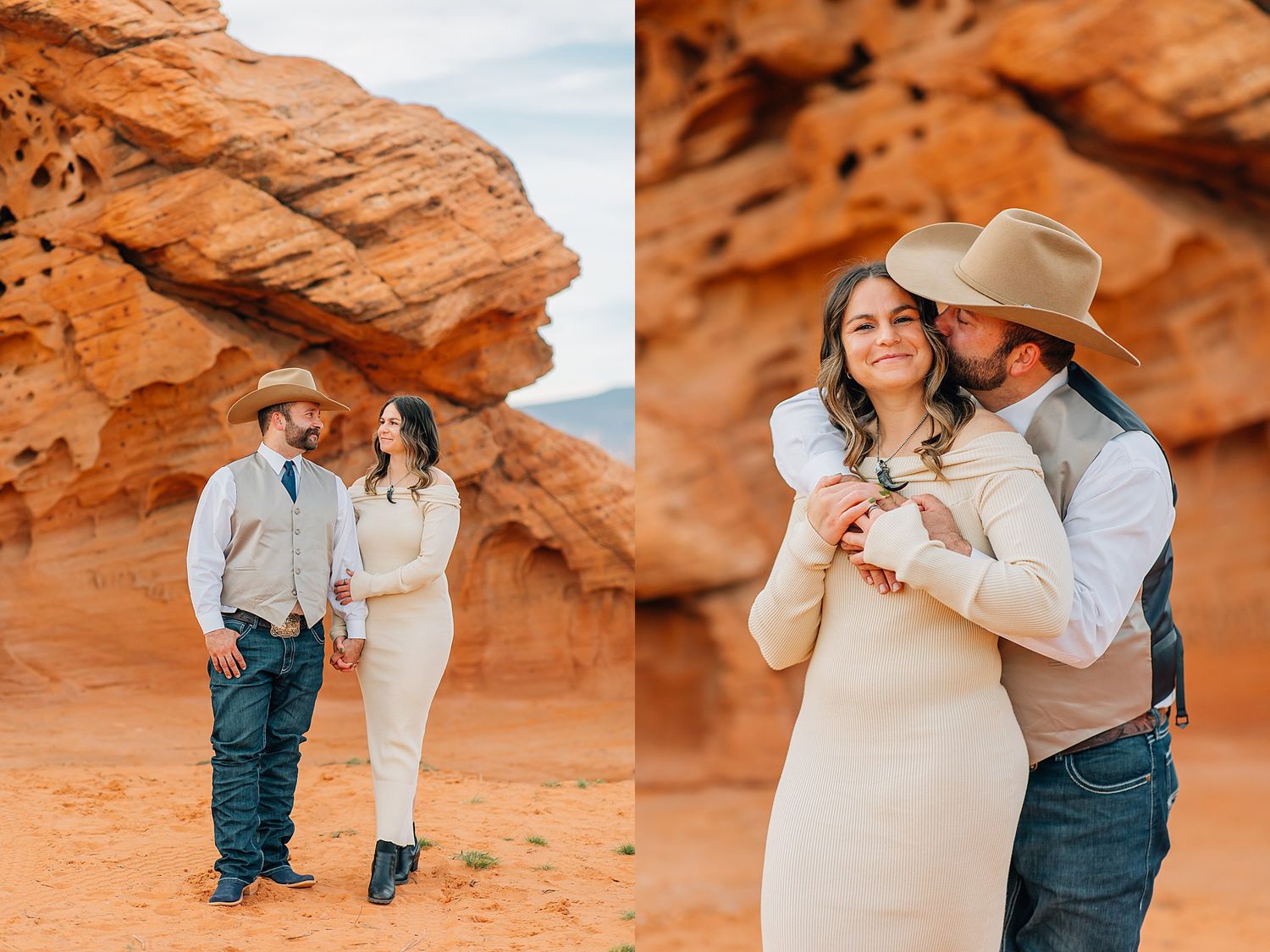 Couple embraces in front of stunning red rock formations at Valley of Fire State Park during sunset.