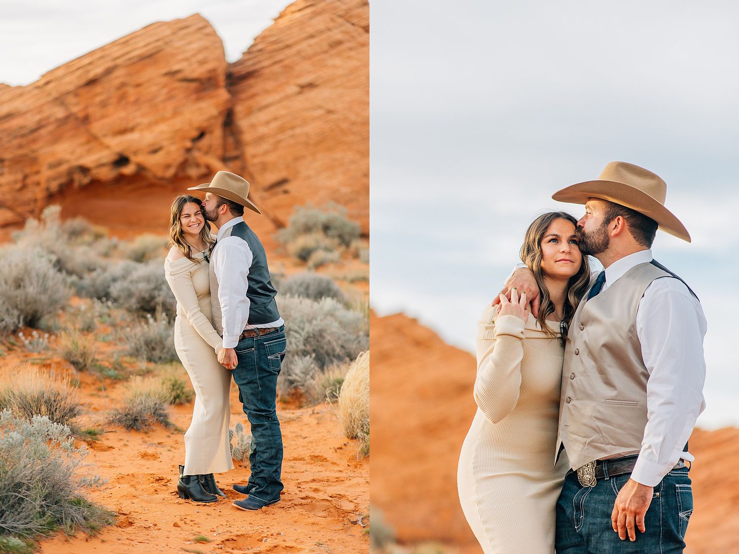 Romantic desert photoshoot with couple against dramatic orange sandstone cliffs.