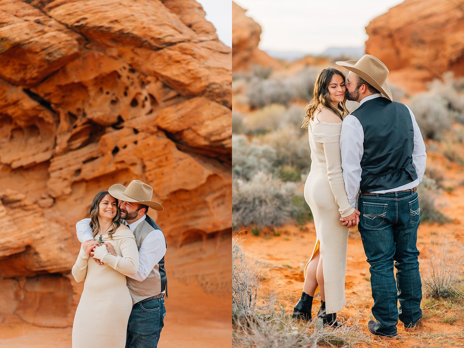 Intimate moments captured between couple among towering red rock formations in Nevada desert landscape.