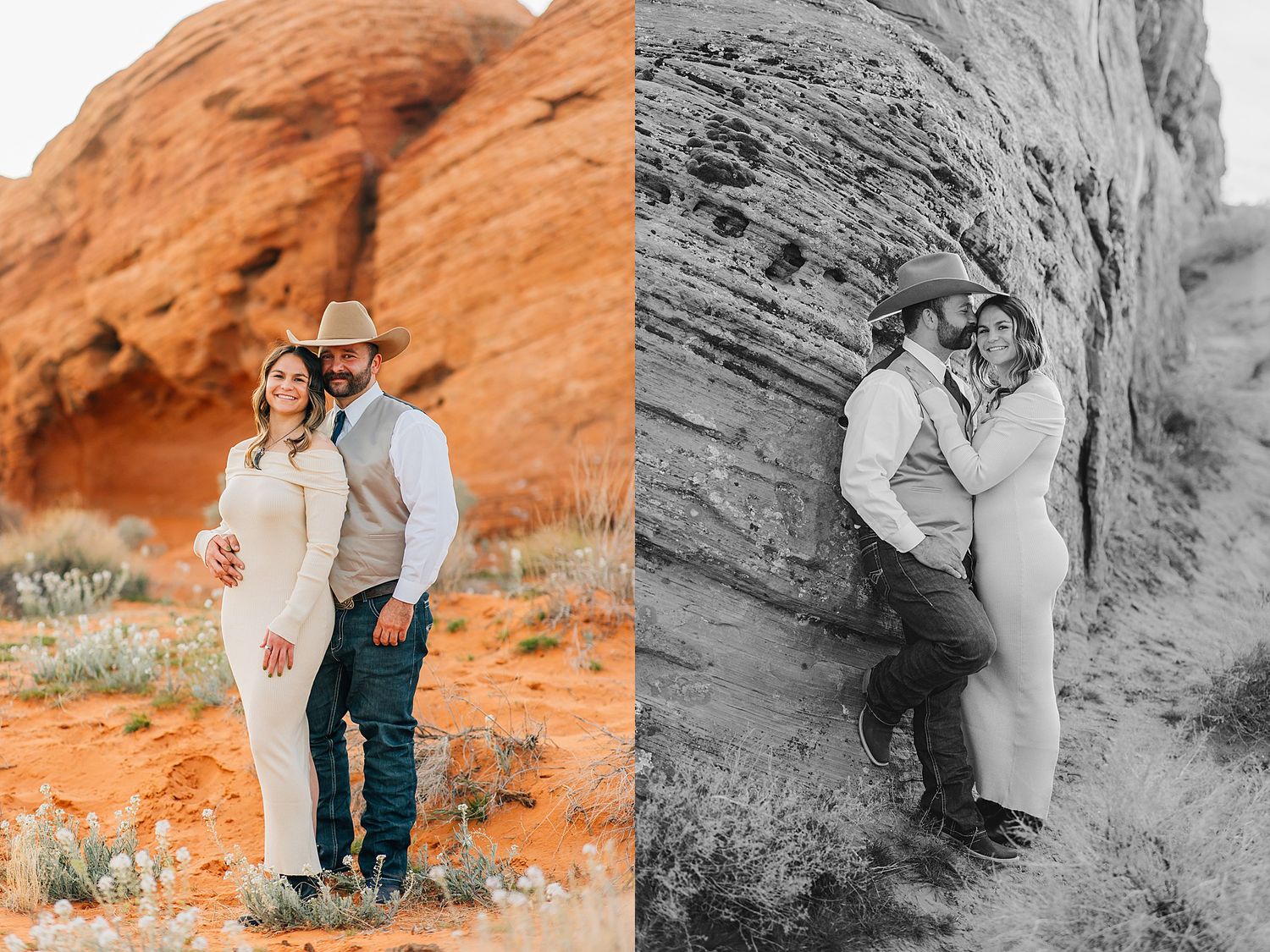 A couple poses against stunning red rock formations in a desert landscape, showcasing both color and black-and-white photography.