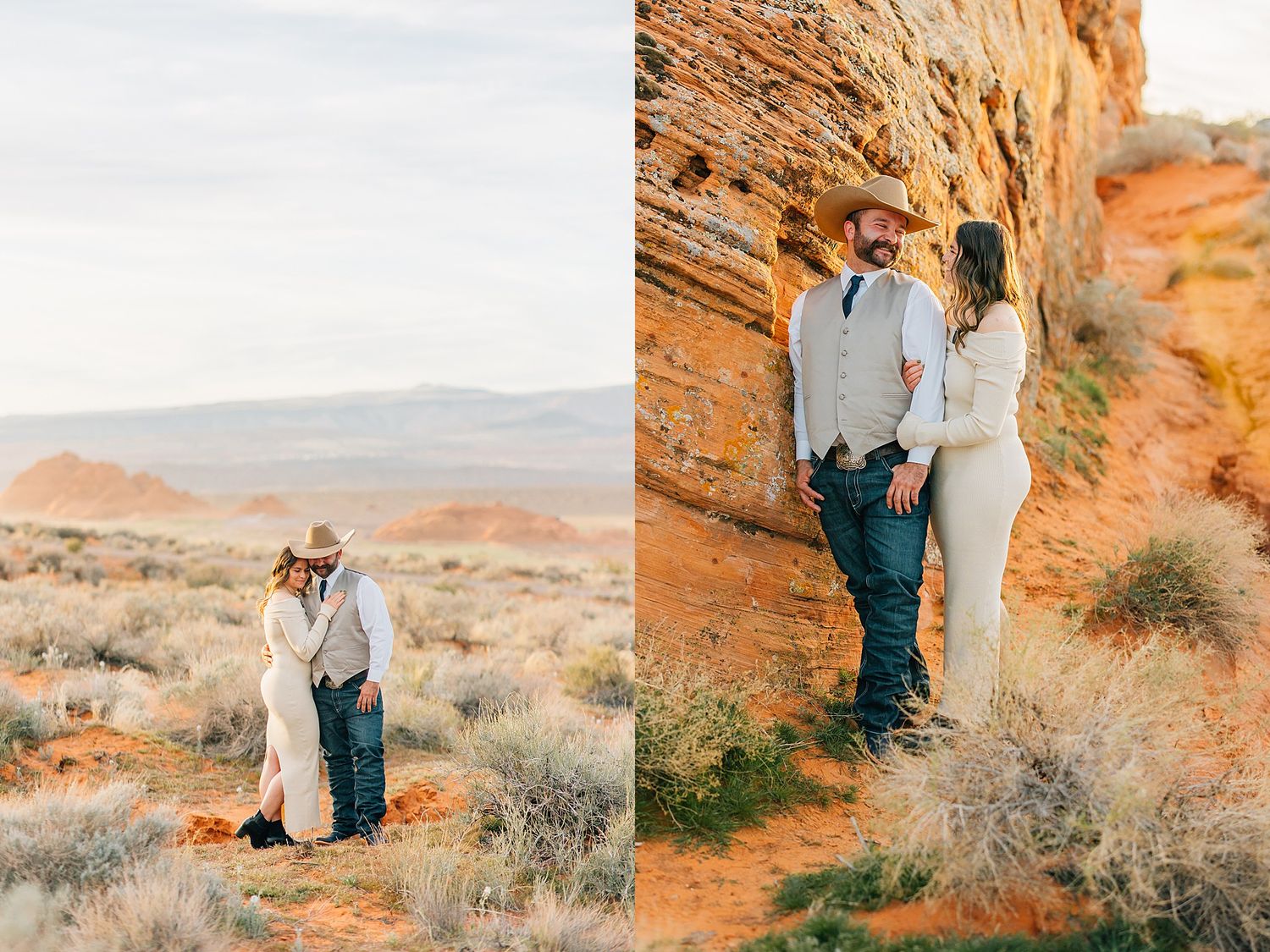 Two romantic photos of a couple in white and denim standing among red desert rocks and sage brush.