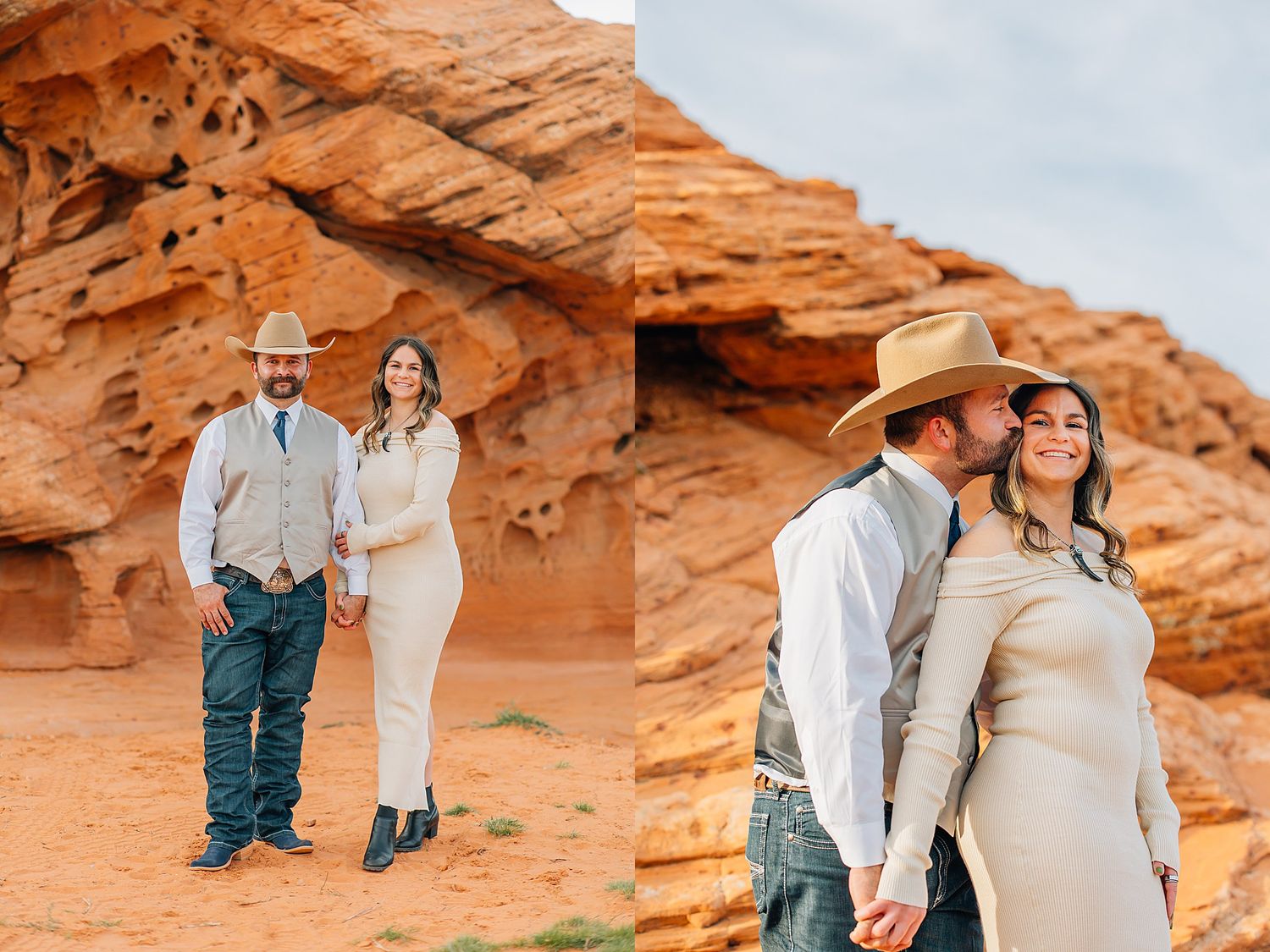 Couple shares tender moments while posing among dramatic red sandstone cliffs at sunset.
