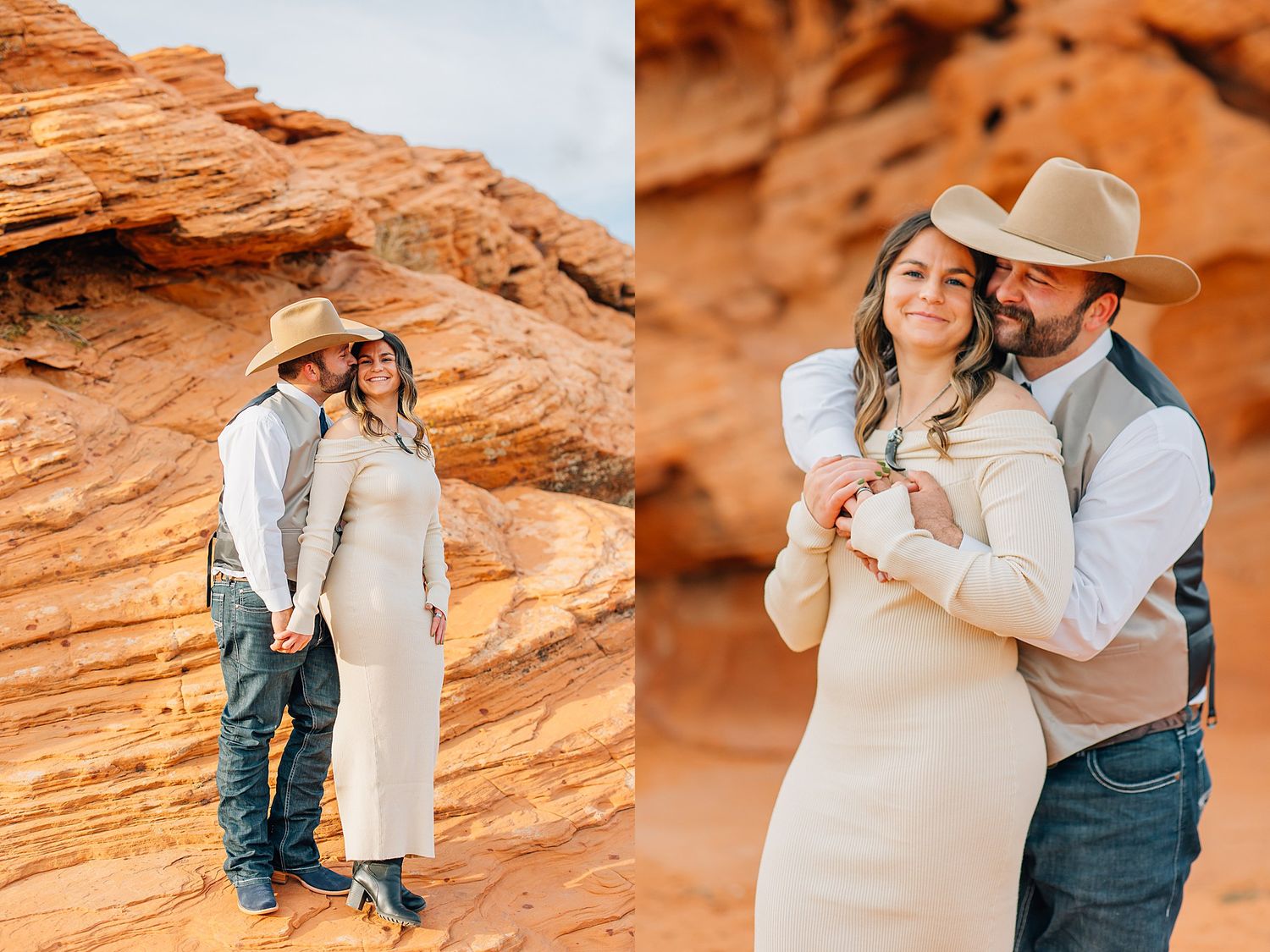 Romantic couple embraces against stunning red rock formations in a desert landscape.