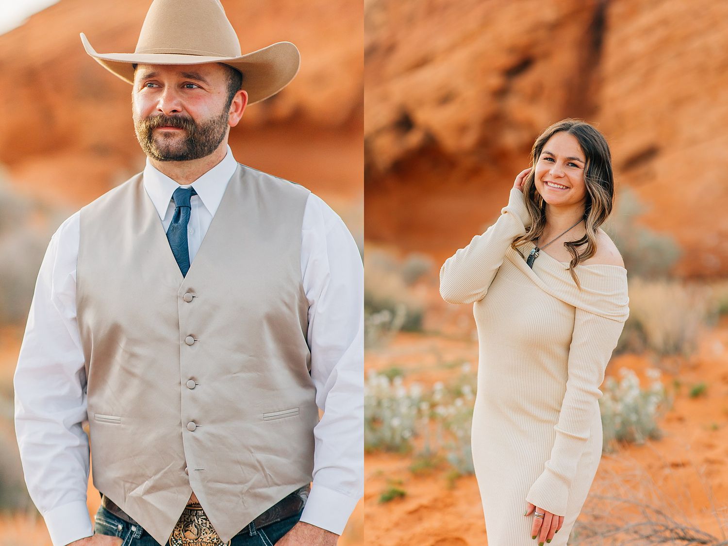 Wedding couple poses against stunning red rock formations in desert landscape at sunset.